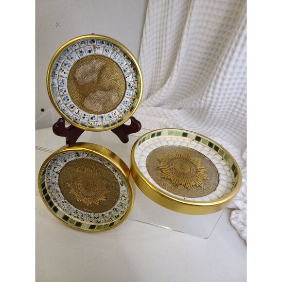 Other - Nesting Set MCM Mosaic Tile Coasters NUT‎ DISH Ashtrays Lynn Paulin Gold Gilt